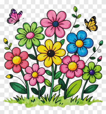 Colorful Flowers And Butterflies PNG