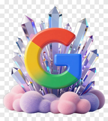 Google Logo Surrounded By Crystals And Clouds PNG