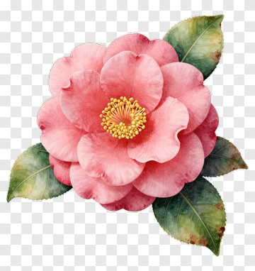 Pink Camellia Blossom With Green Leaves PNG
