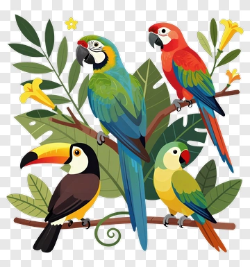 Tropical Birds On Branch PNG