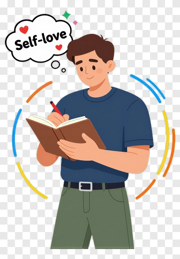 Man Writing In Journal With Self-love Thought Bubble PNG