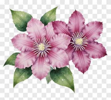 Pink Clematis Flowers With Green Leaves PNG