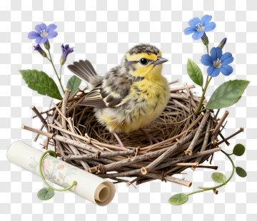 Yellow Bird In Nest With Blue Flowers PNG