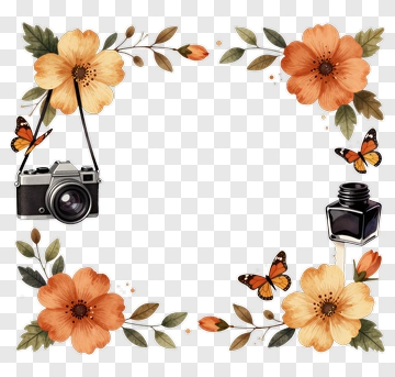 Camera And Ink Bottle With Floral Frame PNG