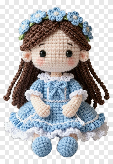 Cute Crochet Girl Doll With Flower Crown PNG
