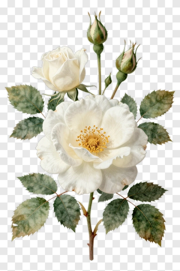White Rose With Green Leaves And Yellow Center PNG