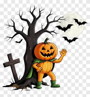 Pumpkin Superhero In Halloween Scene PNG