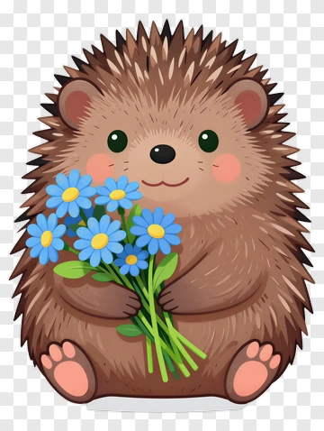 Adorable Hedgehog Holding Blue Flowers PNG