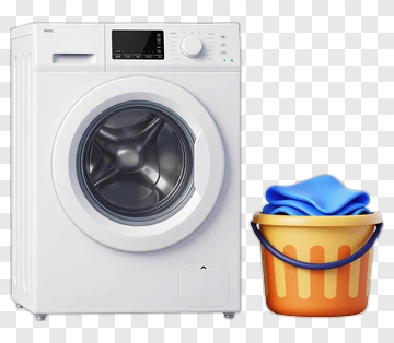 White Washing Machine With Blue Clothes And Orange Bucket PNG