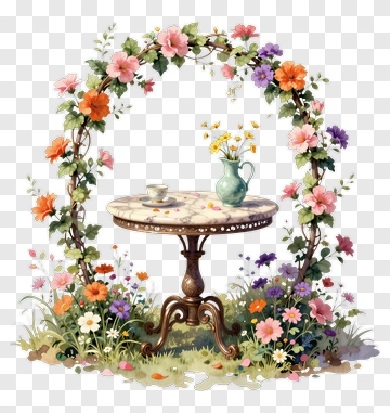 Flower Arch With Marble Table PNG