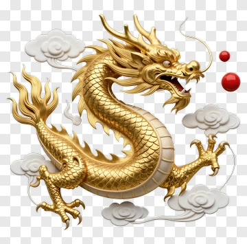 Golden Dragon With Clouds And Red Spheres PNG