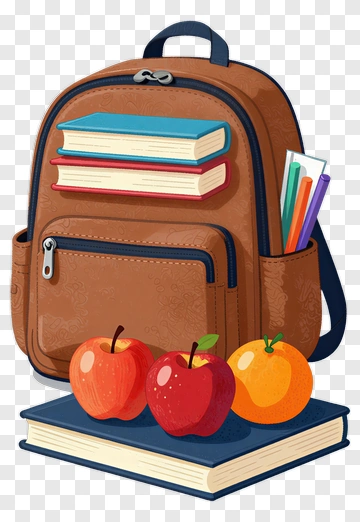 Backpack With Books And Fruits PNG