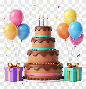 Birthday Cake With Balloons And Gifts PNG
