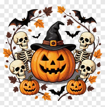 Halloween Jack-o'-Lantern With Skeletons And Bats PNG