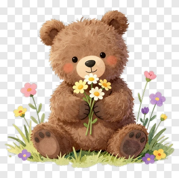 Teddy Bear Holding Flowers PNG