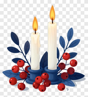 Two Lit Candles With Berries And Leaves PNG