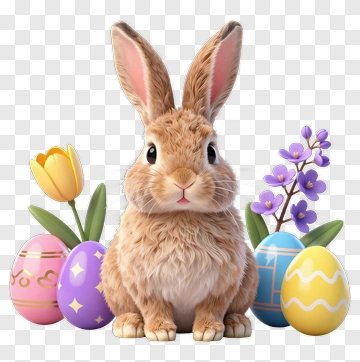 Easter Rabbit With Decorated Eggs And Flowers PNG