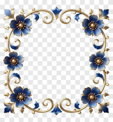 Blue And Gold Floral Frame PNG