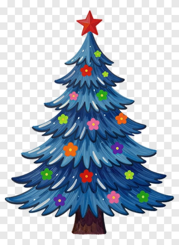 Blue Christmas Tree With Colorful Flowers PNG