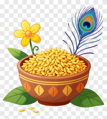 Bowl Of Grains With Peacock Feather And Flower PNG