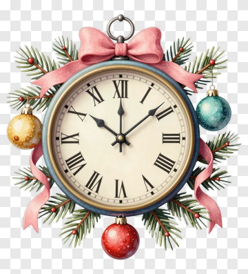 Christmas Clock With Ribbon And Ornaments PNG