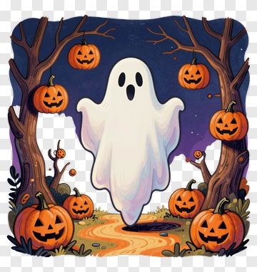 Spooky Ghost With Jack-o'-Lanterns PNG
