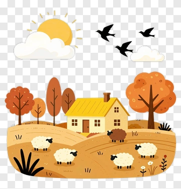 Cozy Farmhouse With Sheep And Birds PNG