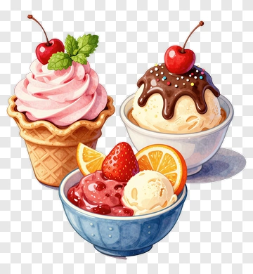 Three Scoops Of Ice Cream With Cherries And Fruit PNG