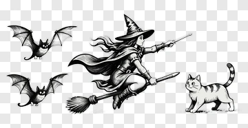 Witch Riding Broomstick With Cat PNG