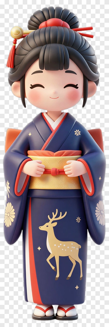 Geisha Doll In Blue Kimono With Deer PNG