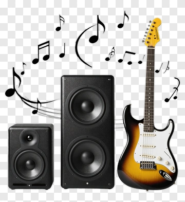 Guitar And Speakers With Musical Notes PNG