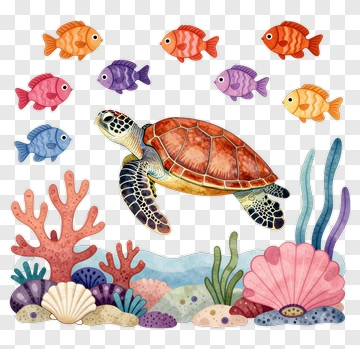 Sea Turtle And Fish With Coral And Seashell PNG