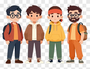 Four Cartoon Friends Standing Together PNG