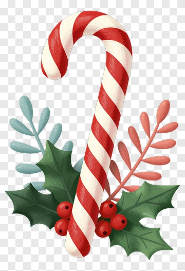 Candy Cane With Holly And Berries PNG