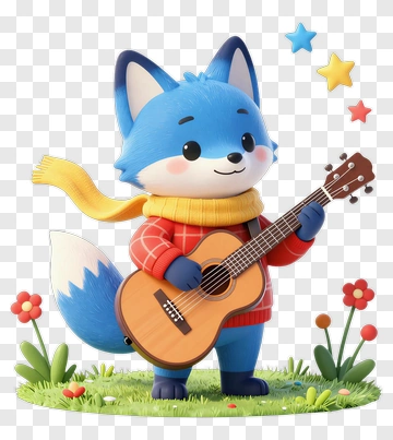 Blue Fox Playing Guitar With Flowers PNG