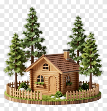 Wooden Cabin Surrounded By Pine Trees PNG