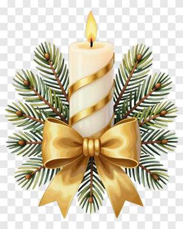 Lit Candle With Gold Bow And Pine Branches PNG