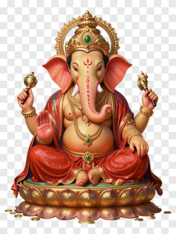 Ganesha Statue With Golden Crown And Red Robe PNG