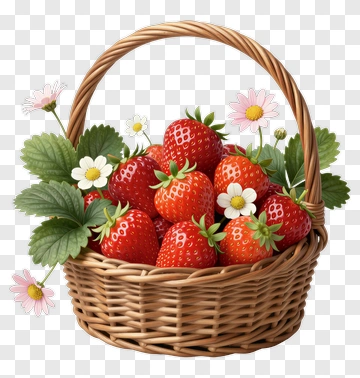 Strawberries In A Wicker Basket With Daisies PNG