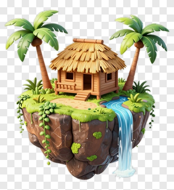 Floating Island With Hut And Waterfall PNG