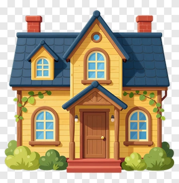 Yellow House With Blue Roof PNG