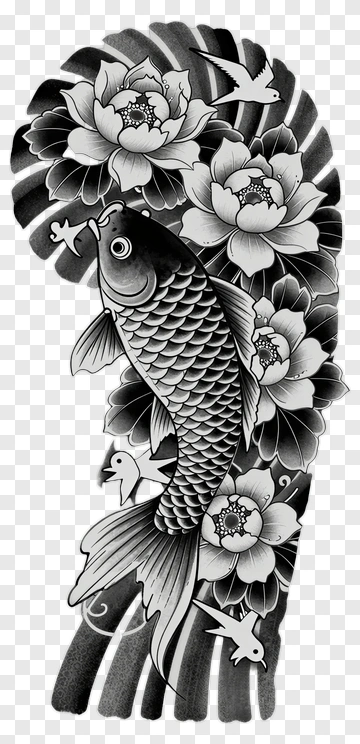 Koi Fish With Lotus Flowers Tattoo Design PNG