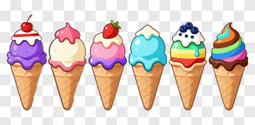 Six Colorful Ice Cream Cones PNG