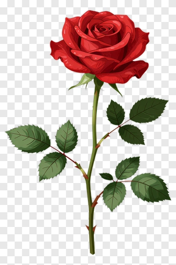Red Rose With Green Stem And Leaves PNG