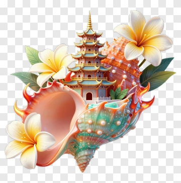 Seashell With Pagoda And Frangipani PNG