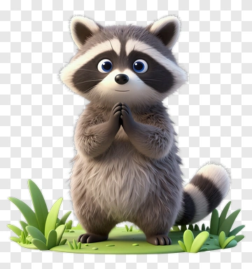 Cute Cartoon Raccoon Standing On Grass PNG