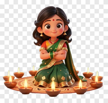 Girl Celebrating Diwali With Oil Lamps PNG