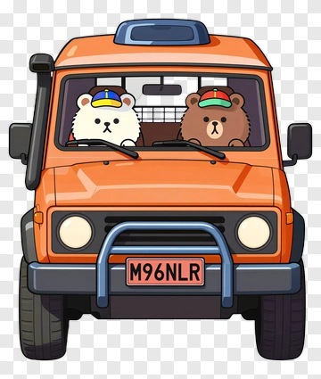 Two Bears In An Orange Vehicle PNG