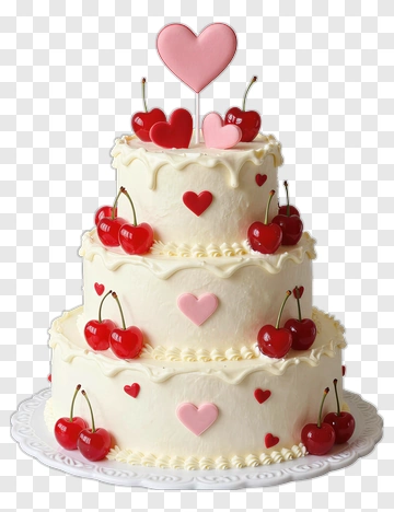 Three Tiered Cake With Hearts And Cherries PNG