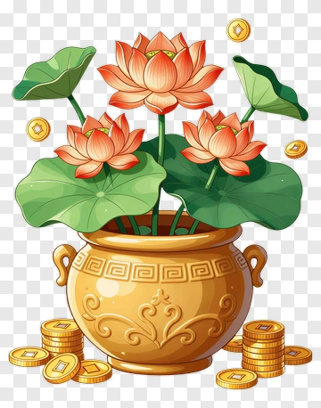 Lotus Flowers In Golden Pot With Coins PNG